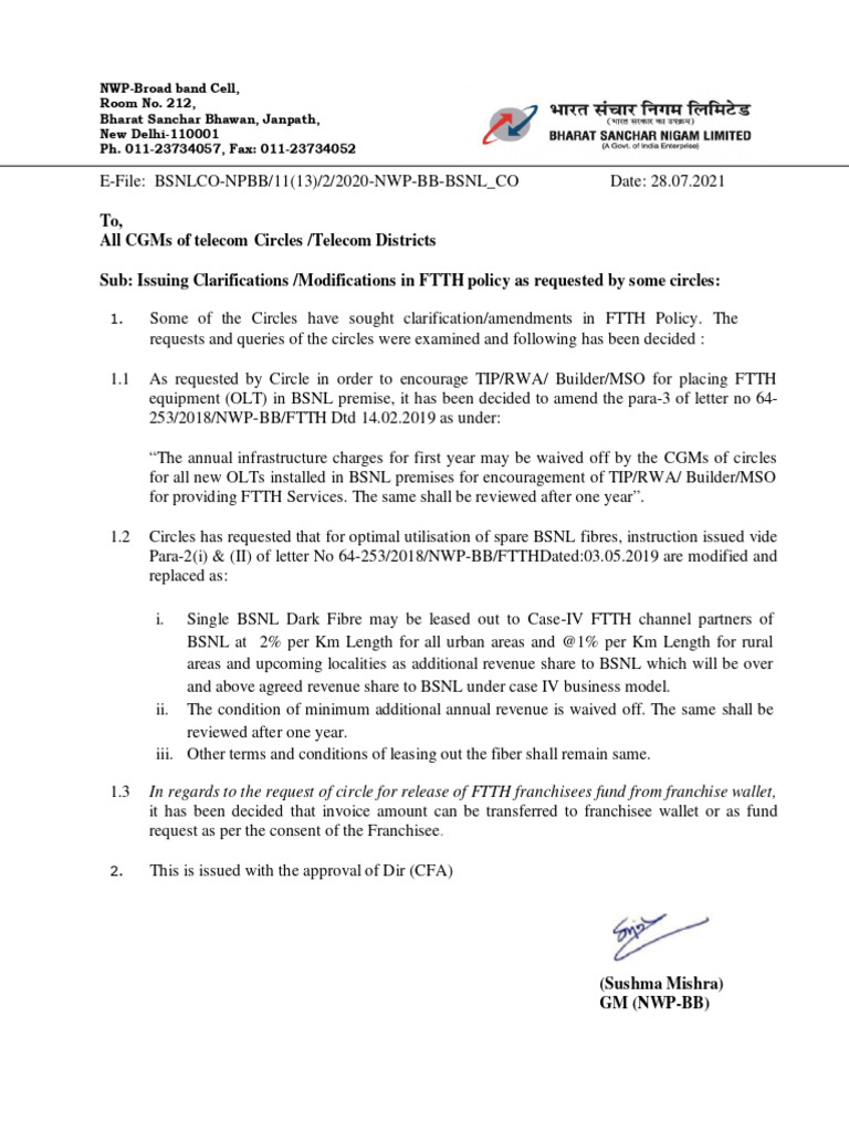 CO Letter BSNL Spare Fiber | PDF