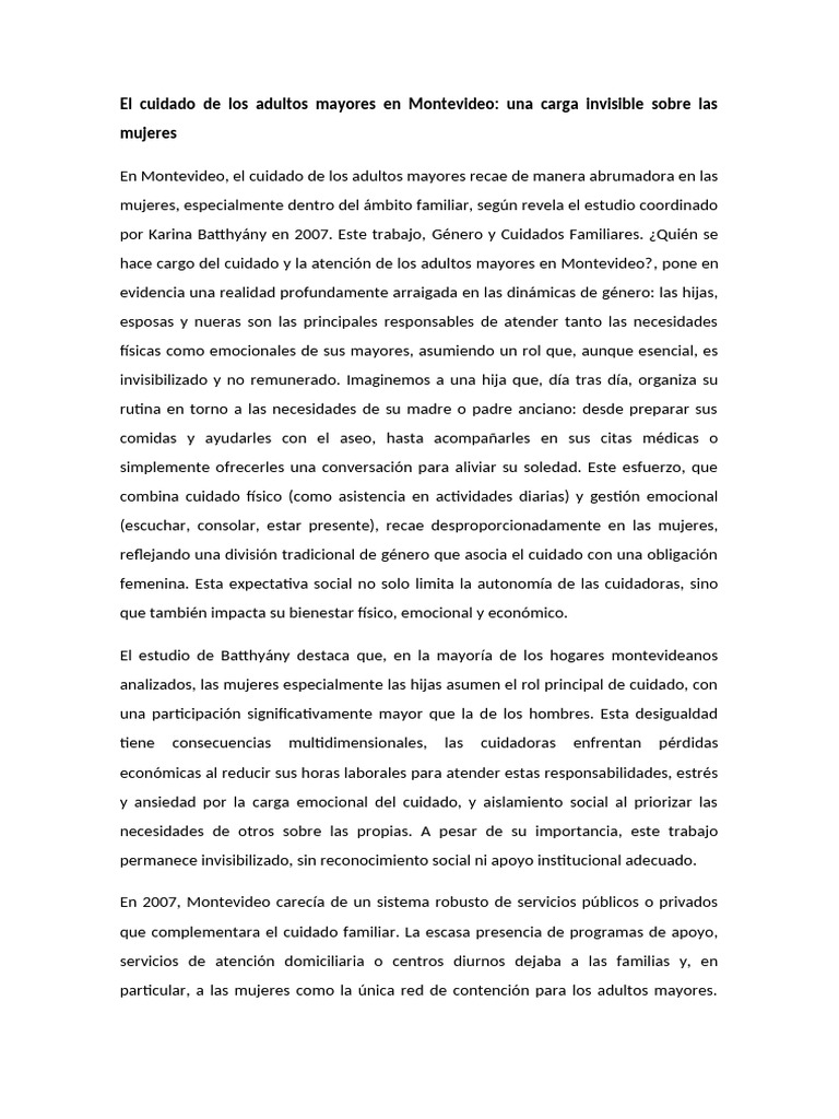 El Cuidado de Los Adultos Mayores en Montevideo Foro 10 | PDF | Vejez