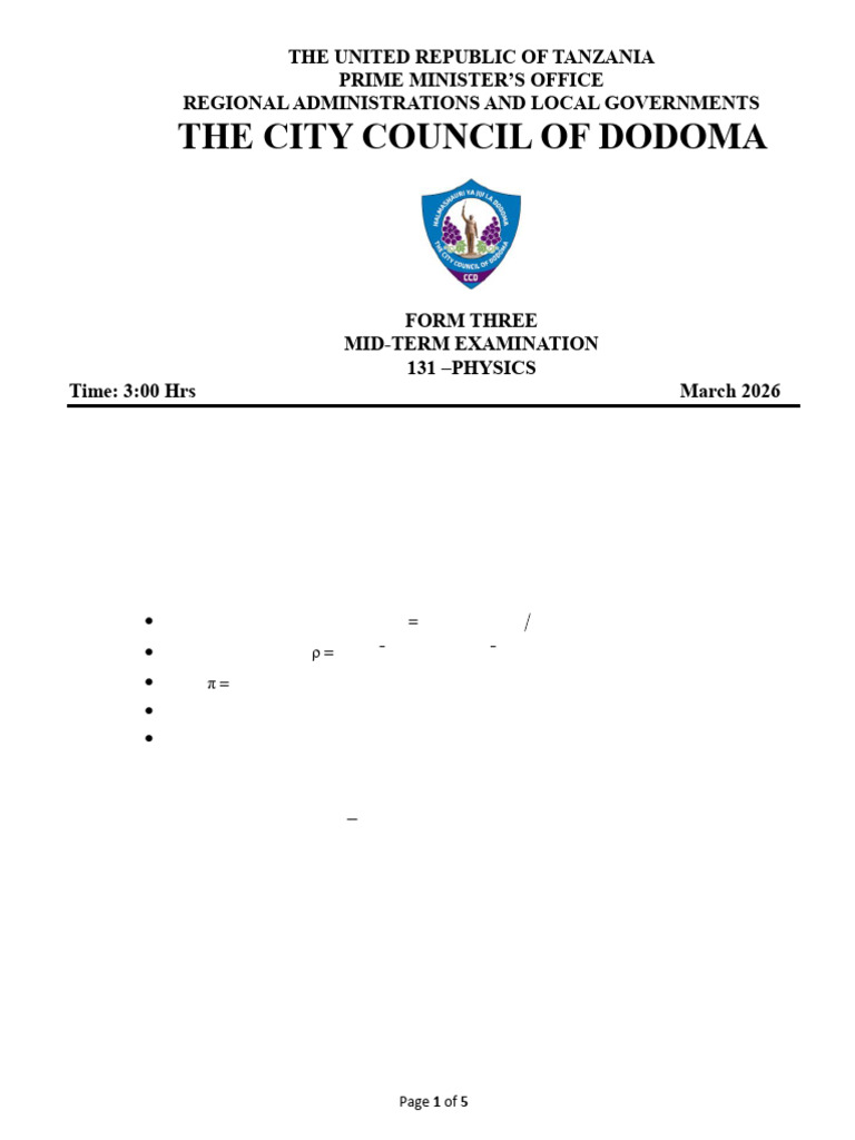 Physics Form Three Midterm Exam March 2026 | PDF | Force | Friction