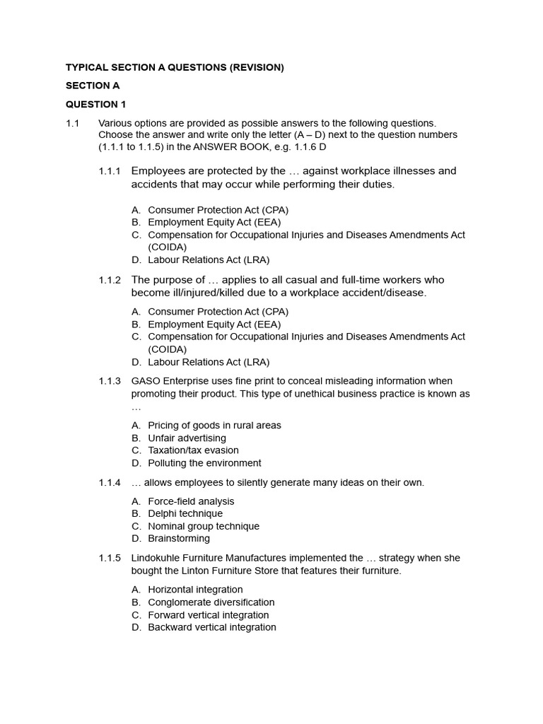 Typical Section A Questions GRD 12 BSTD 2026 | PDF | Employment | Business