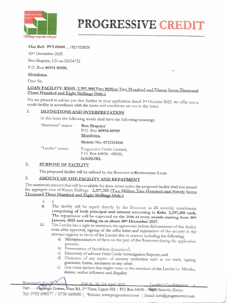 Offer Letter - Progressive Credit Limited and Ben Shapaya | PDF