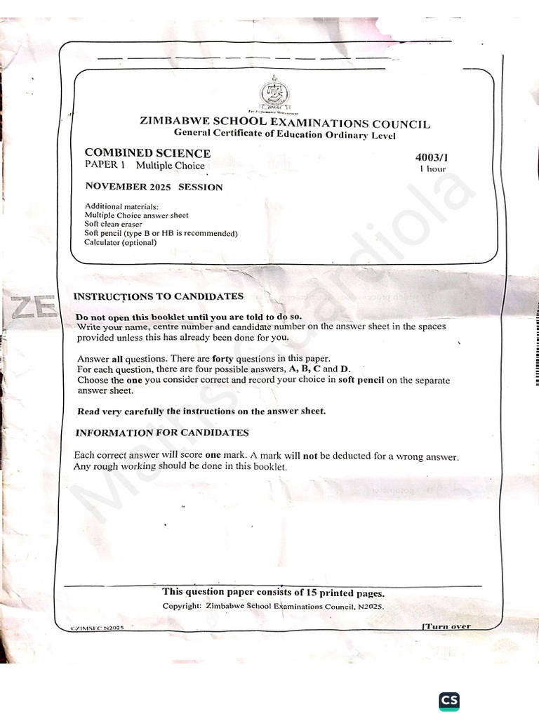 O Level Combined Science Paper 1 Nov 2025 (Clear) | PDF