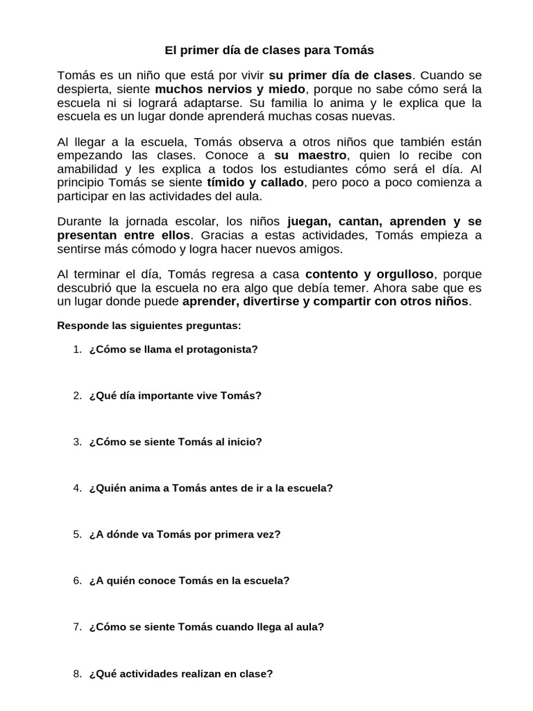 El Primer Día de Clases para Tomás | PDF