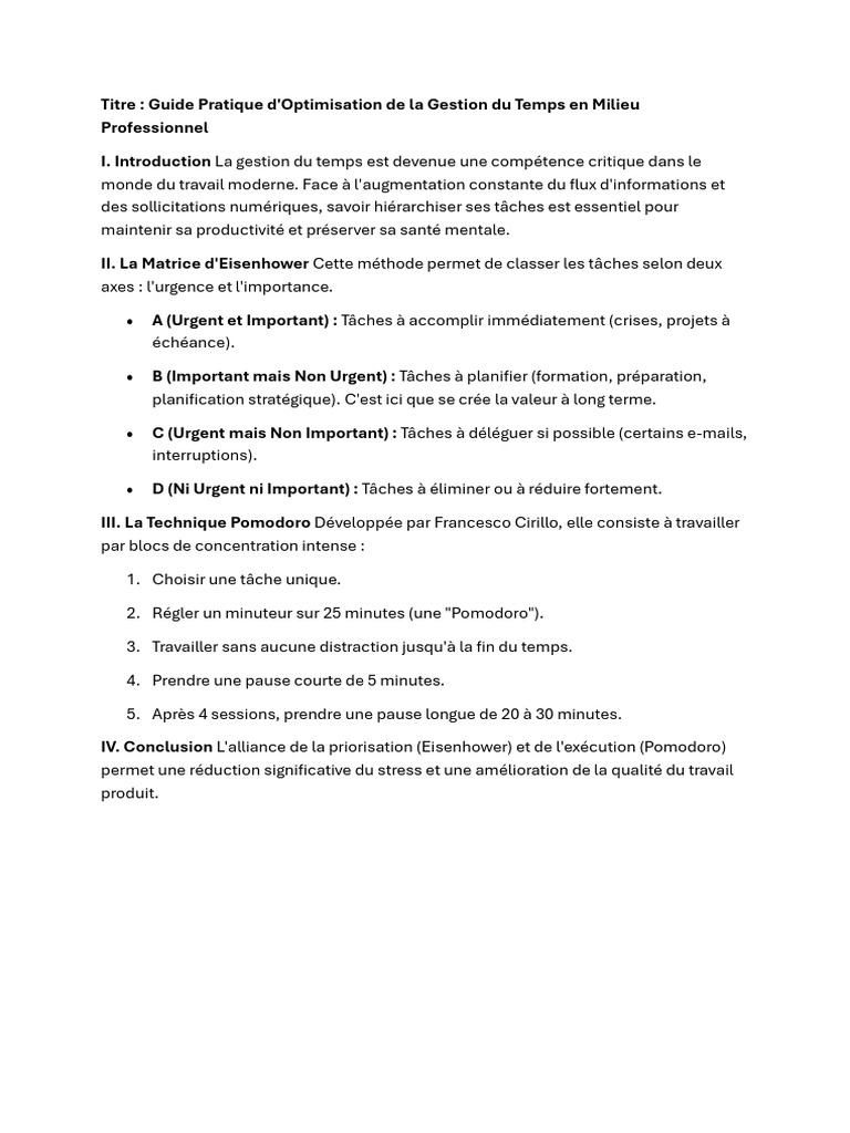 Guide Pratique D'optimisation de La Gestion Du Temps en Milieu ...