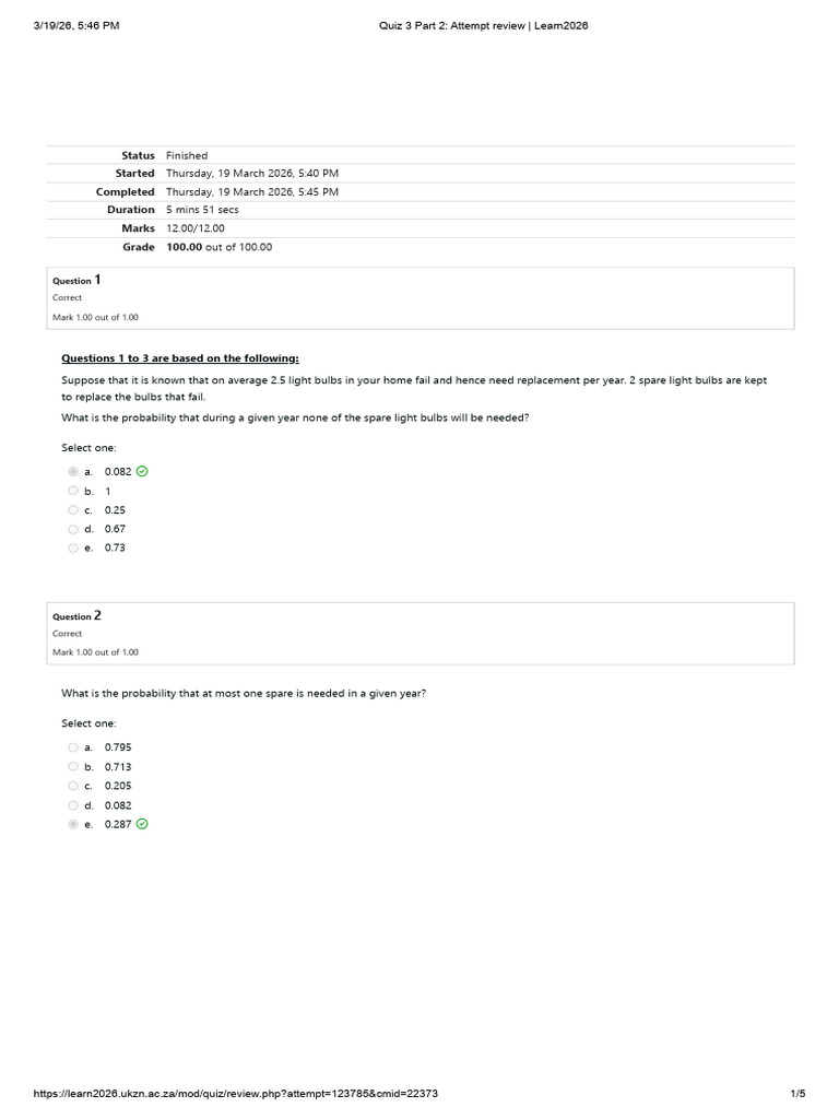 Quiz 3 Part 2 - Attempt Review - Learn2026 | PDF | Probability Theory ...