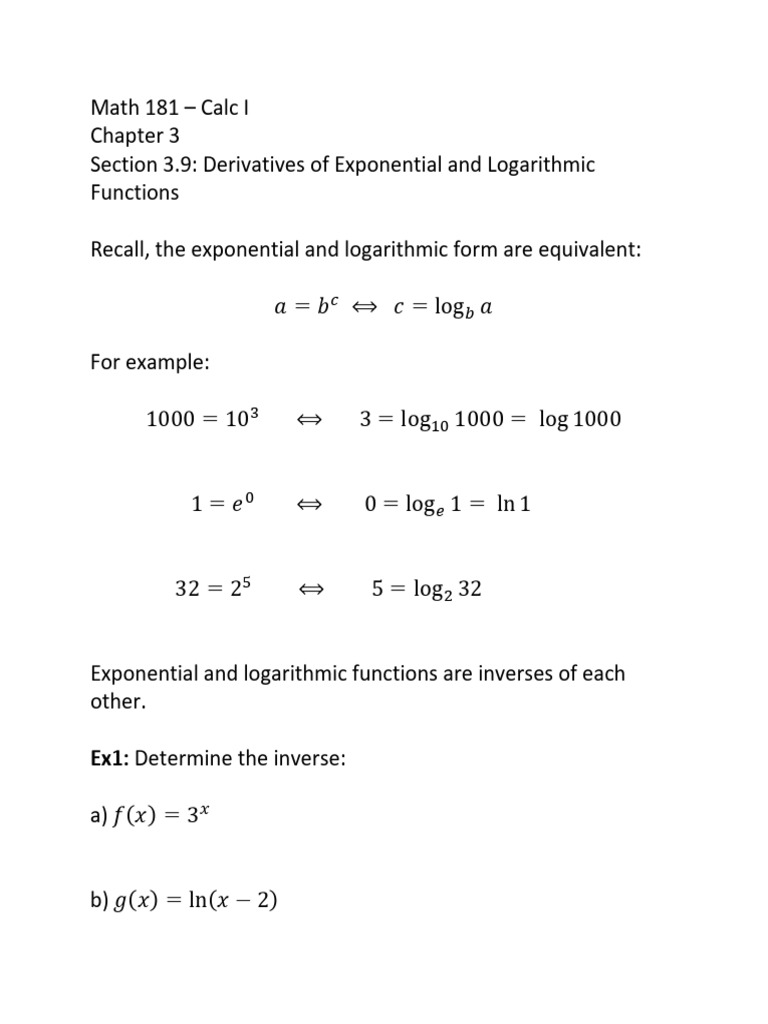 Math+181+3 9+notes | PDF | Logarithm | Exponential Function