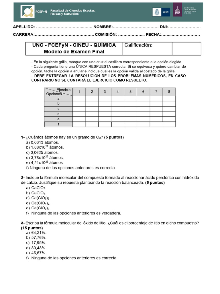 Modelo de Examen Final (4) | PDF | Hidrógeno | Mole (Unidad)