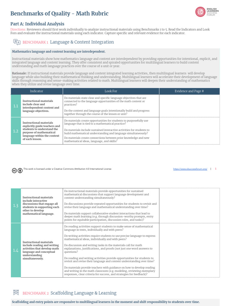 MA DESE - ELSF 2025 - Benchmarks of Quality - Math Rubric | PDF ...