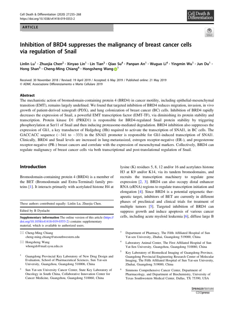 Inhibition of BRD4 Suppresses The Malignancy of Breast Cancer Cells Via ...