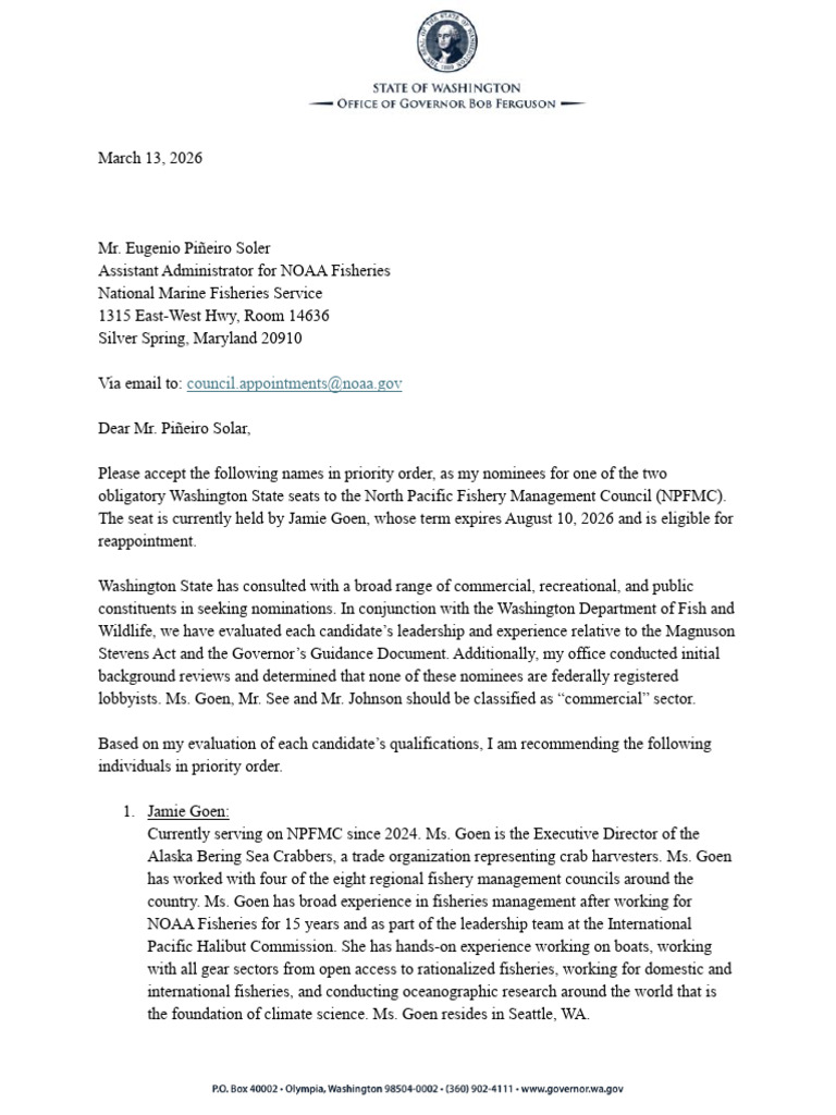 Jamie Goen Nomination Letter | PDF | Alaska | Trawling