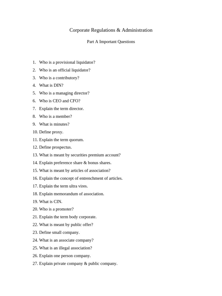 Corporate Regulations Important Questions | PDF | Liquidation ...