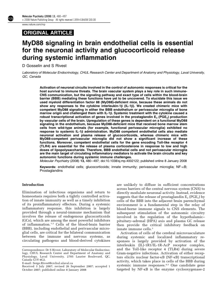 Myd88 Signalling in Brain Endothelial Cells and Cortisol Release in ...