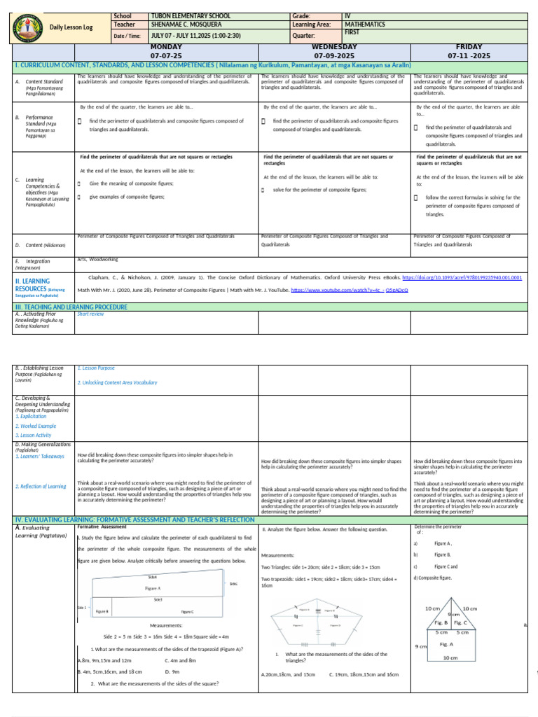 Grade 4 DLL Math q1 w4 TT | PDF | Learning | Rectangle