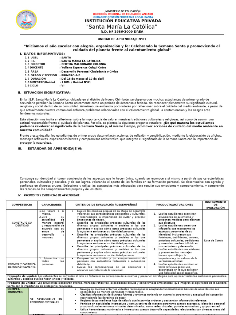 Unidad #01 DPCC 1ero 2026 | PDF | Aprendizaje | Evaluación