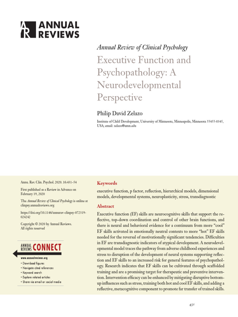 Zelazo 2020 Executive Function and Psychopathology A Neurodevelopmental ...