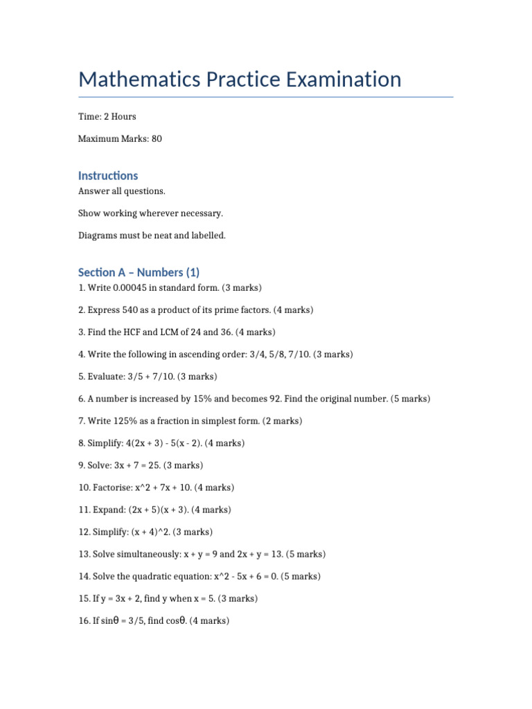 Maths Practice Exam | PDF