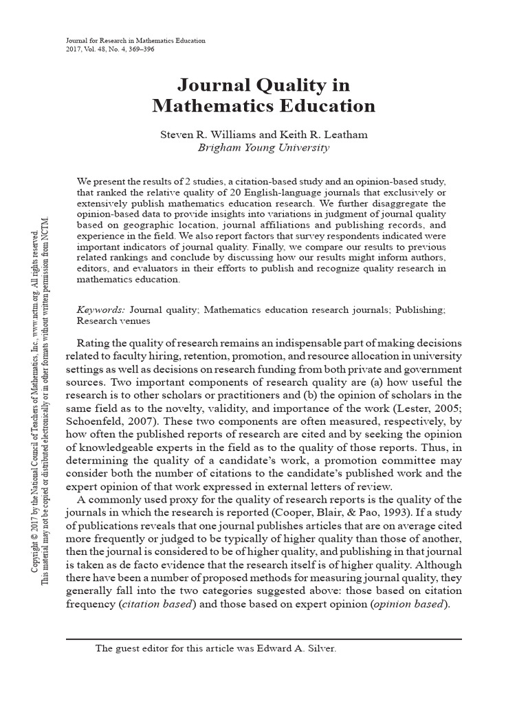 A 2017 JRME Journal Quality in Mathematics Education | PDF | Academia ...