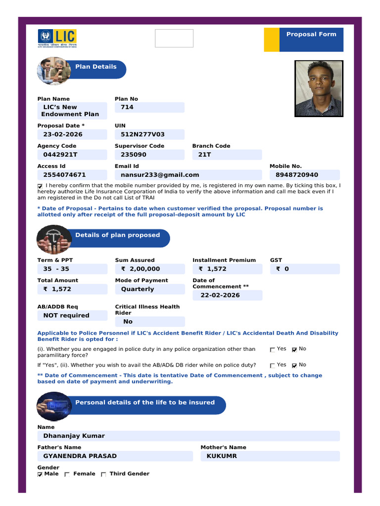 LIC's New Endowment Plan 714: Proposal Form | PDF | Insurance