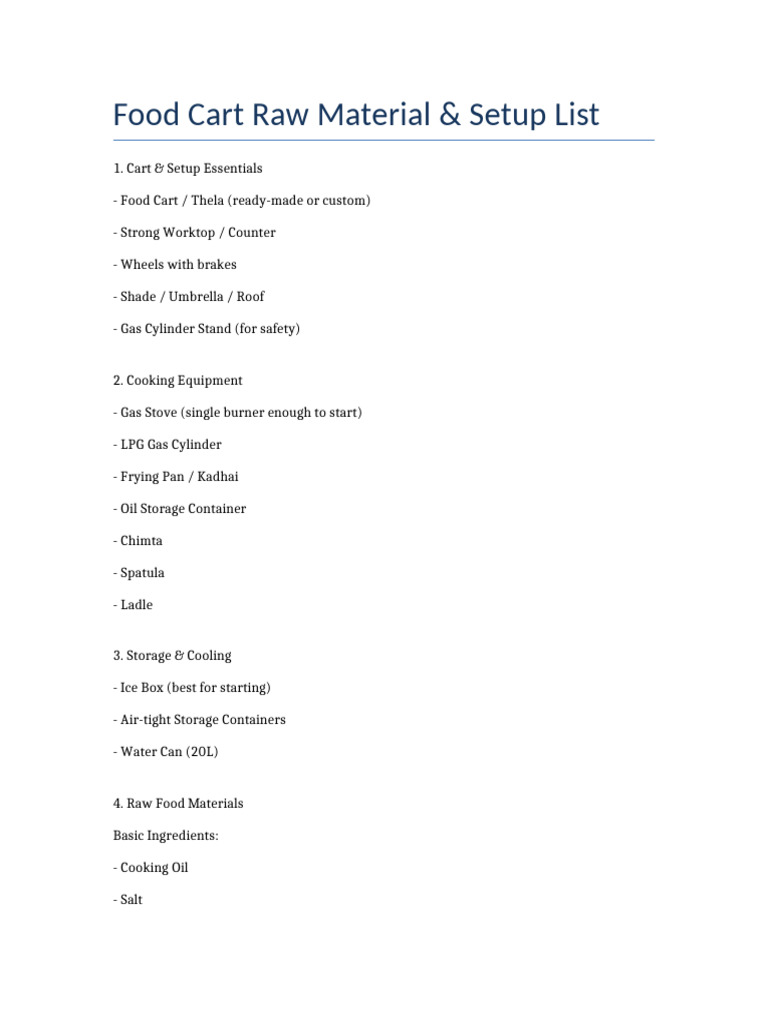 Food Cart Setup List | PDF