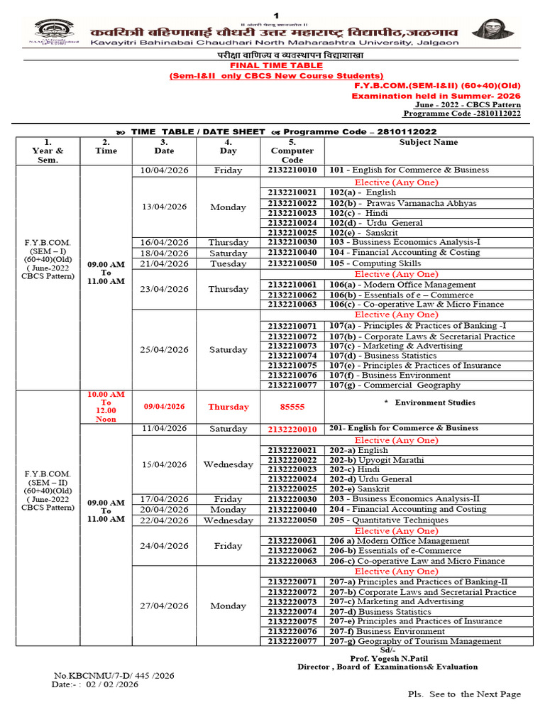 Final Time Table of BCom Old, June 2022 CBCS and CGPA Pattern Exam To ...