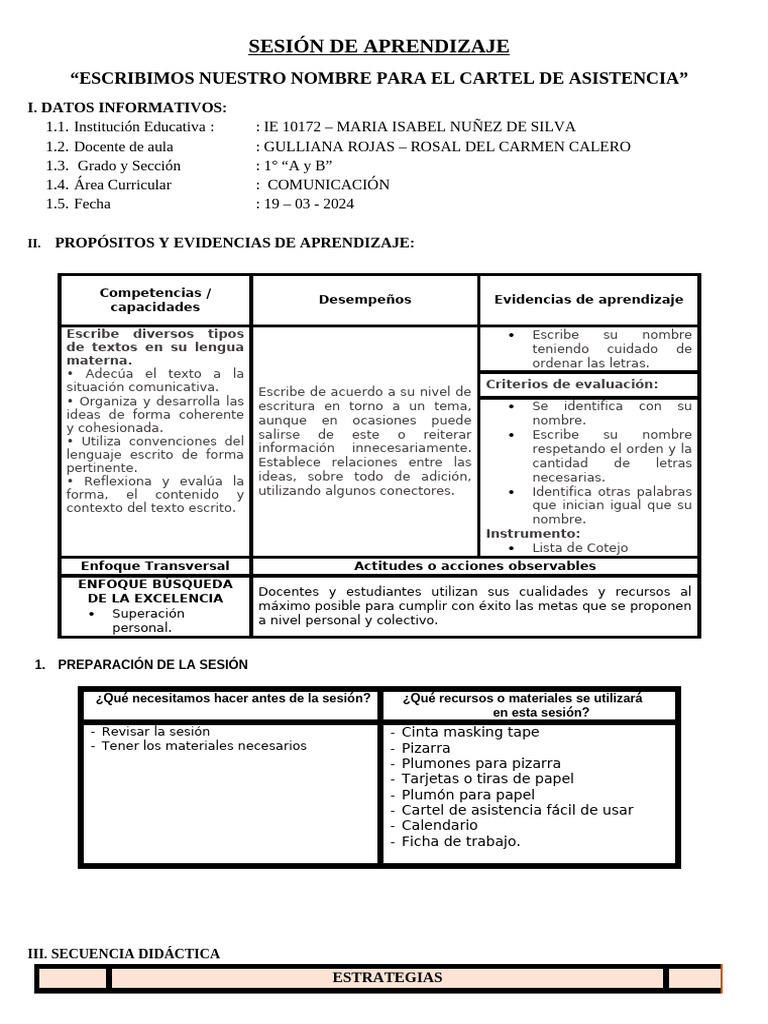 ESCRIBIMOS NUESTRO NOMBRE PARA EL CARTEL DE ASISTENCIA - Com | PDF ...
