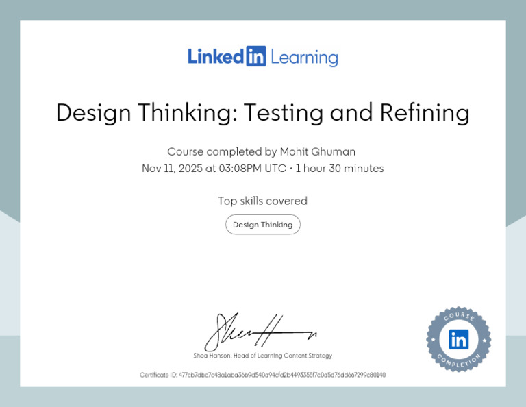 CertificateOfCompletion - Design Thinking Testing and Refining | PDF