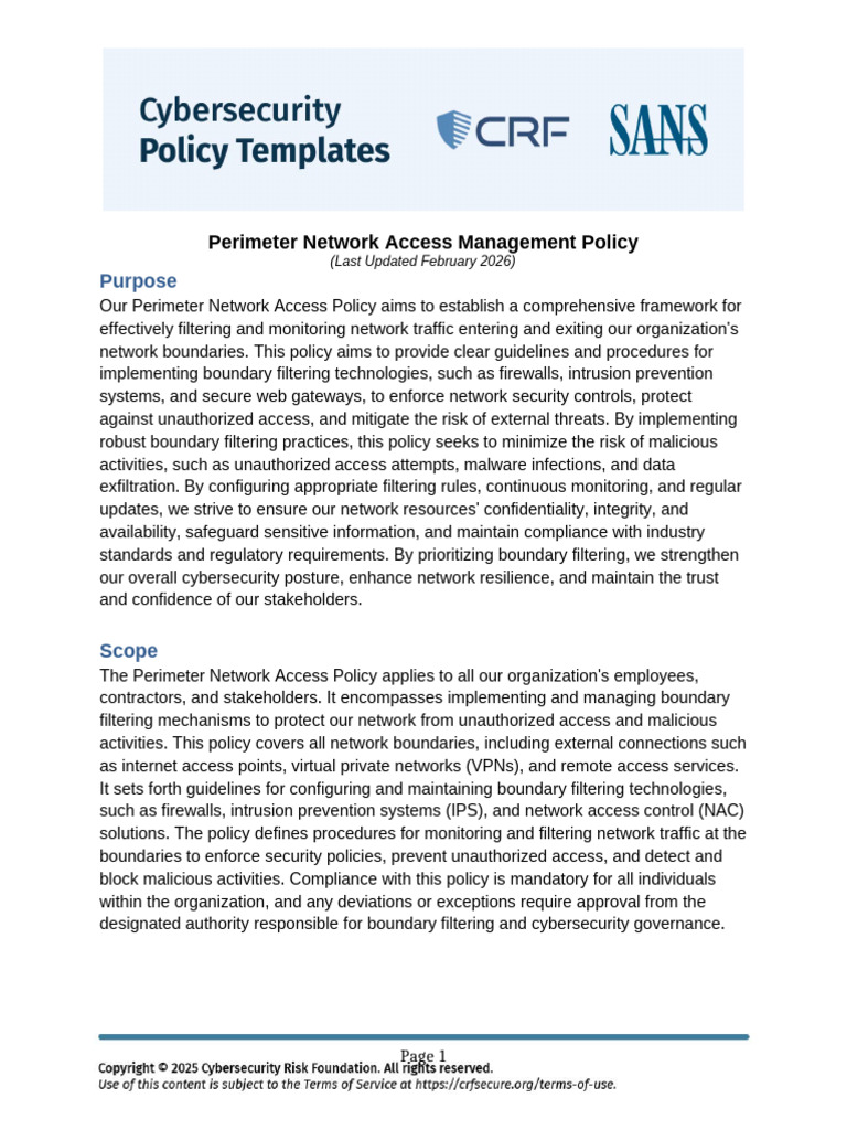 Sans Perimeter Network Access Management Policy Feb2026 | PDF ...