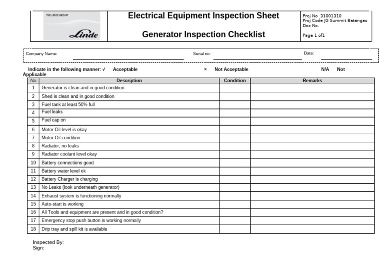 Generator Inspection Checklist | PDF