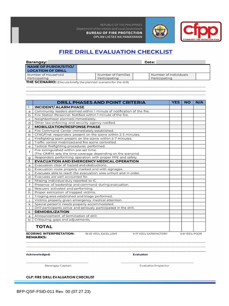 FSID 11F Fire Drill Evaluation Checklist Rev00 | PDF