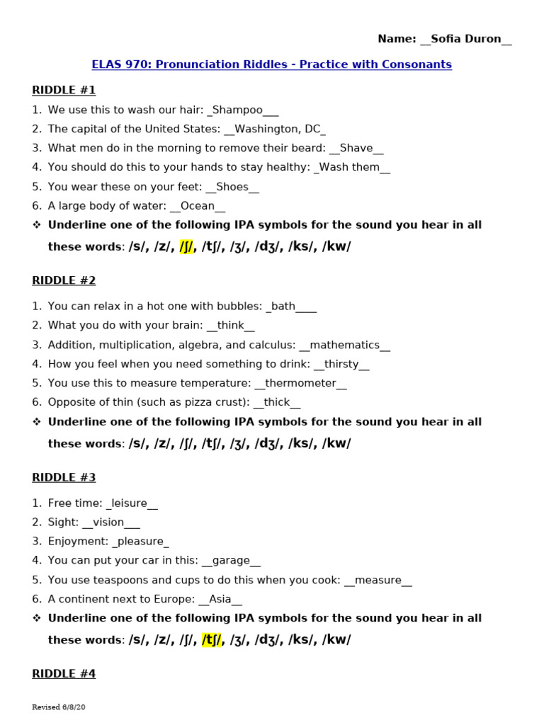 Consonant Pronunciation Riddles HW | PDF