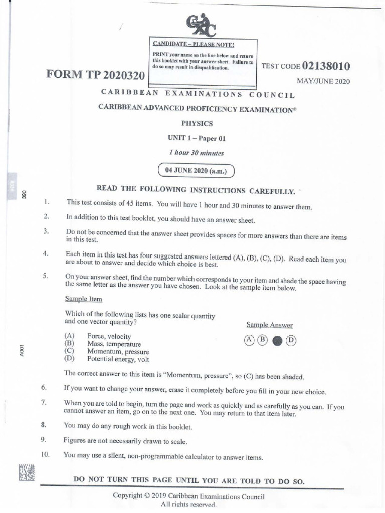 CAPE Physics Unit 1 2020 Paper 1 | PDF