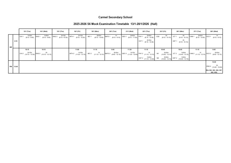 2526 S6 Mock Timetable - Student | PDF