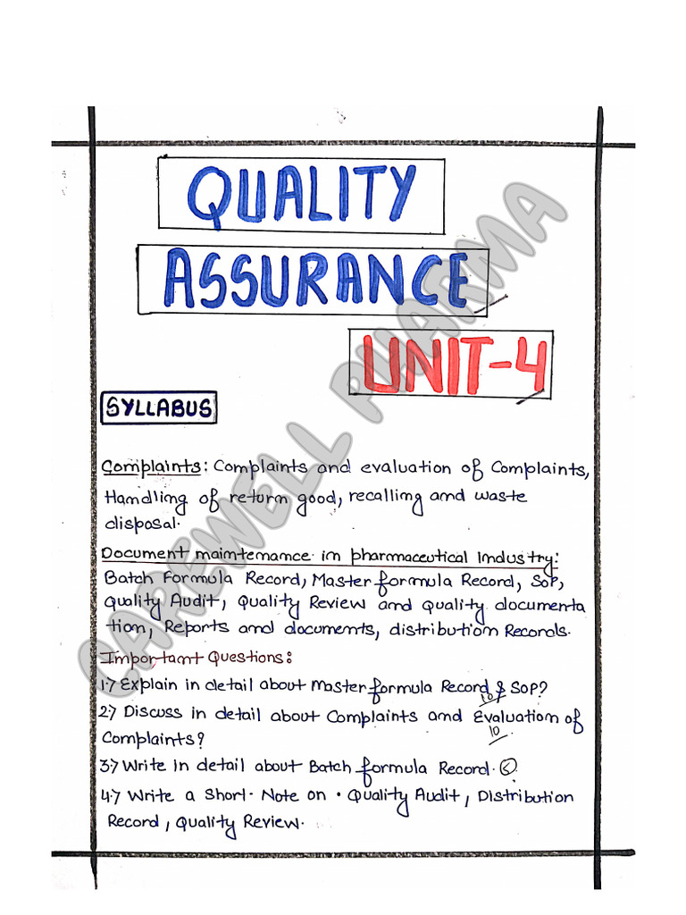 Unit 4, Pharmaceutical Quality Assurance, B Pharmacy 6th Sem, Carewell ...