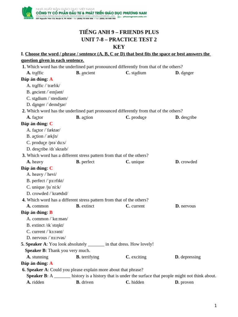 TA 9 Friends Plus Review 7-8 Practice Test 2 - KEY | PDF