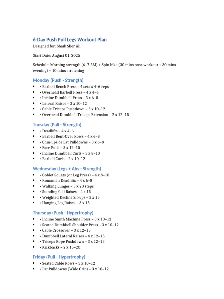 6-Day Push Pull Legs Workout Plan | PDF