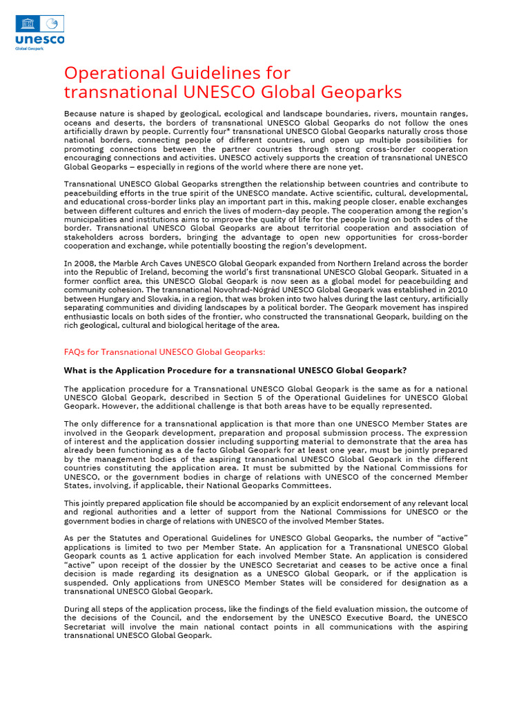 Operational Guidelines For Transnational UNESCO Global Geoparks-2022 | PDF