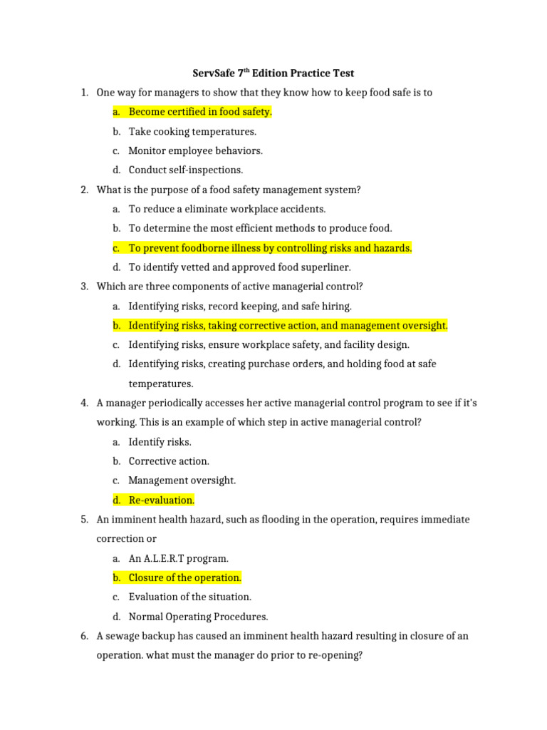 ServSafe 7th Edition Practice Test With Answer | PDF | Hand Washing ...