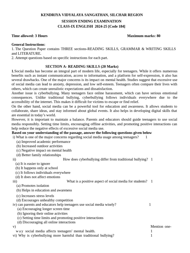 QP Class 9 (Set 1) See Eng 2024-25 | PDF | Cyberbullying | Adolescence