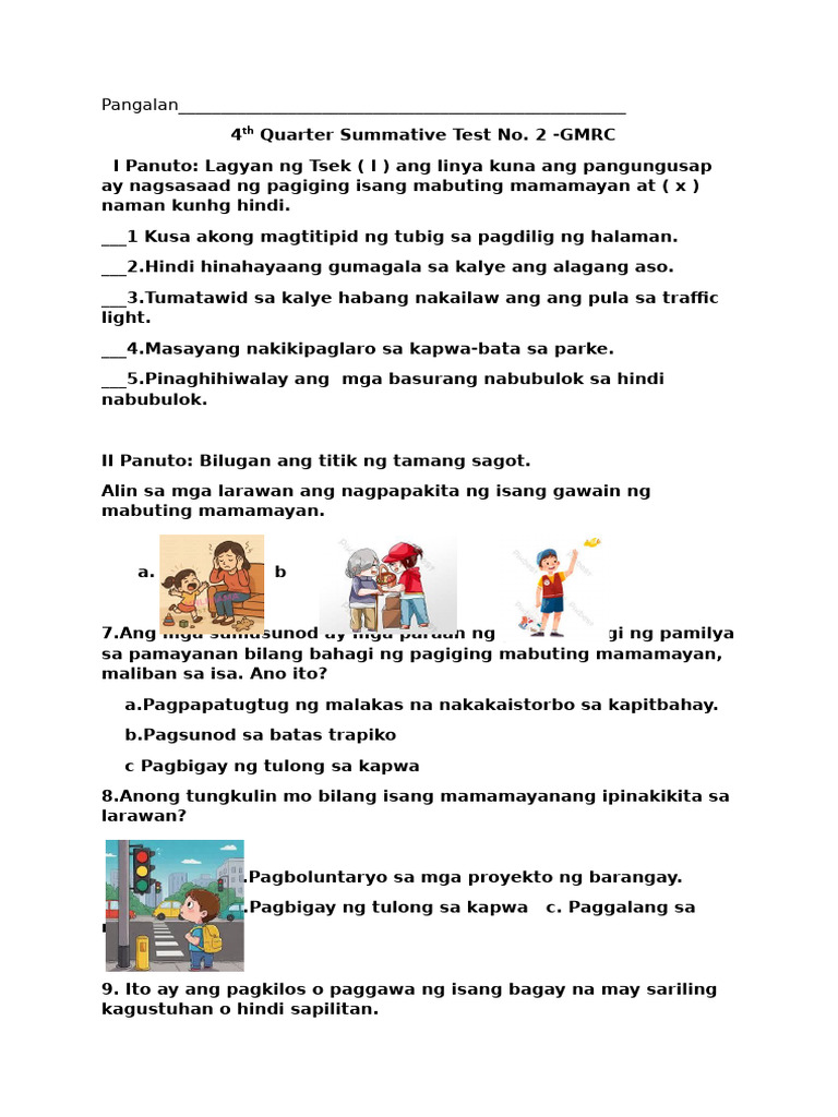 4th Quarter Summative Test No. 2 GMRC | PDF