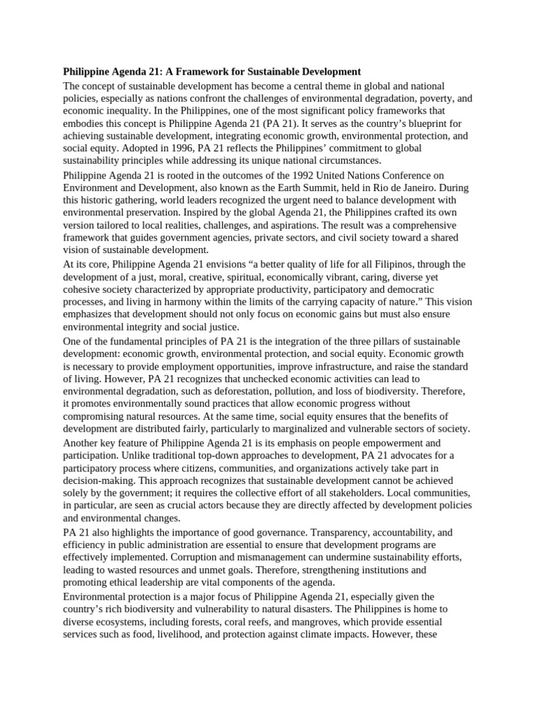 Philippine Agenda 21 A Framework For Sustainable Development | PDF ...