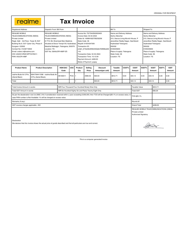 RealmeBudsInvoice | PDF | Invoice | Public Finance