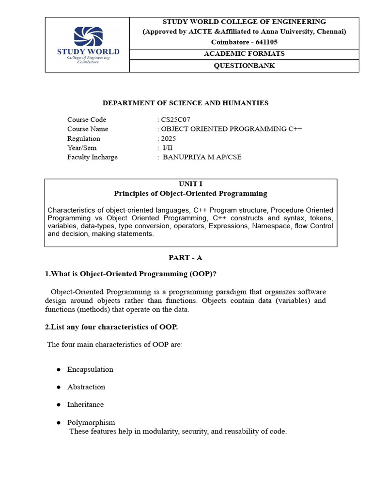 CS25C07 - Oop - Question Bank | PDF | Inheritance (Object Oriented ...