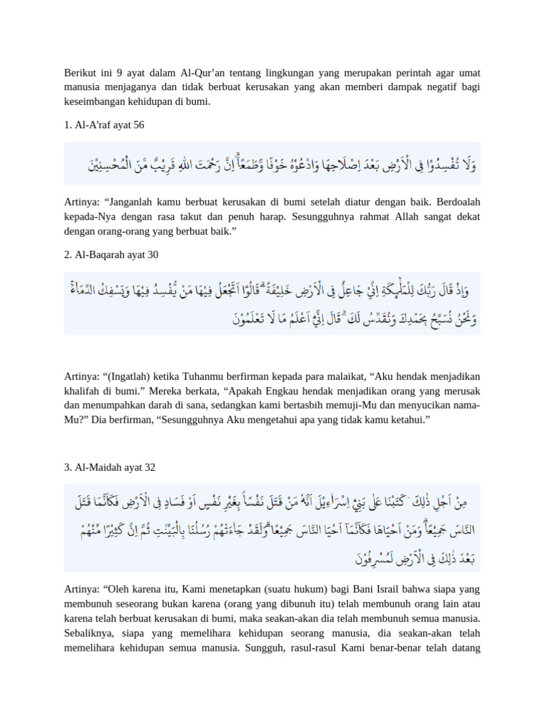 Ayat Dan Hadits Tentang Pelestarian Lingkungan | PDF