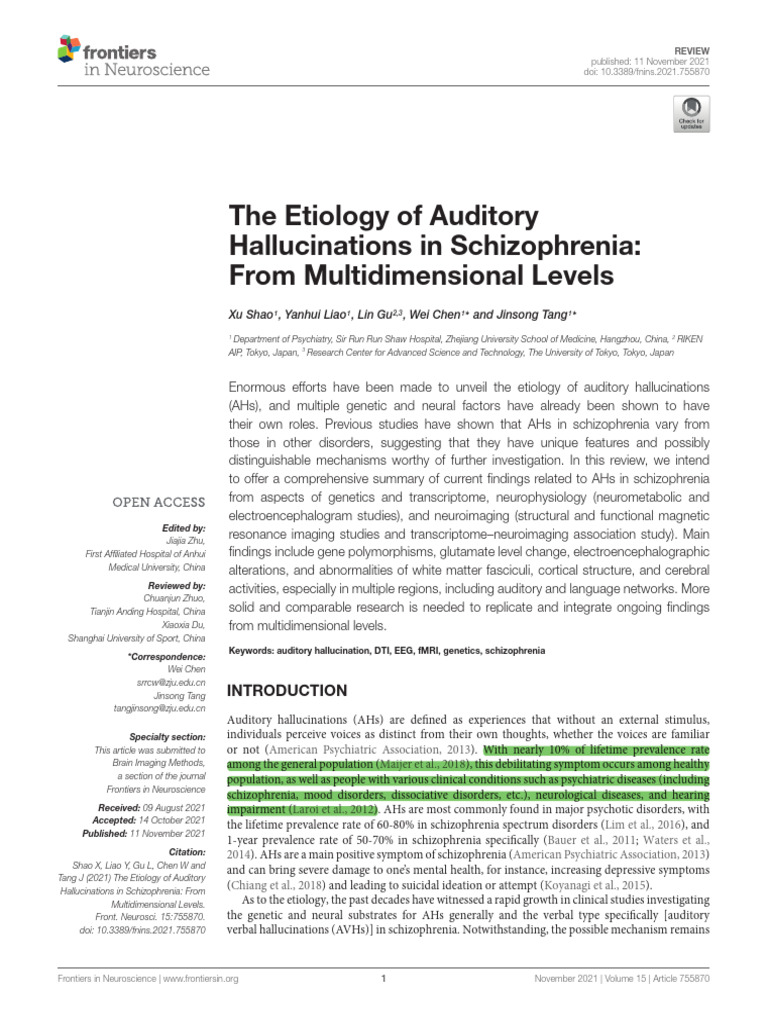The Etiology of Auditory Hallucinations in Schizophrenia | PDF ...