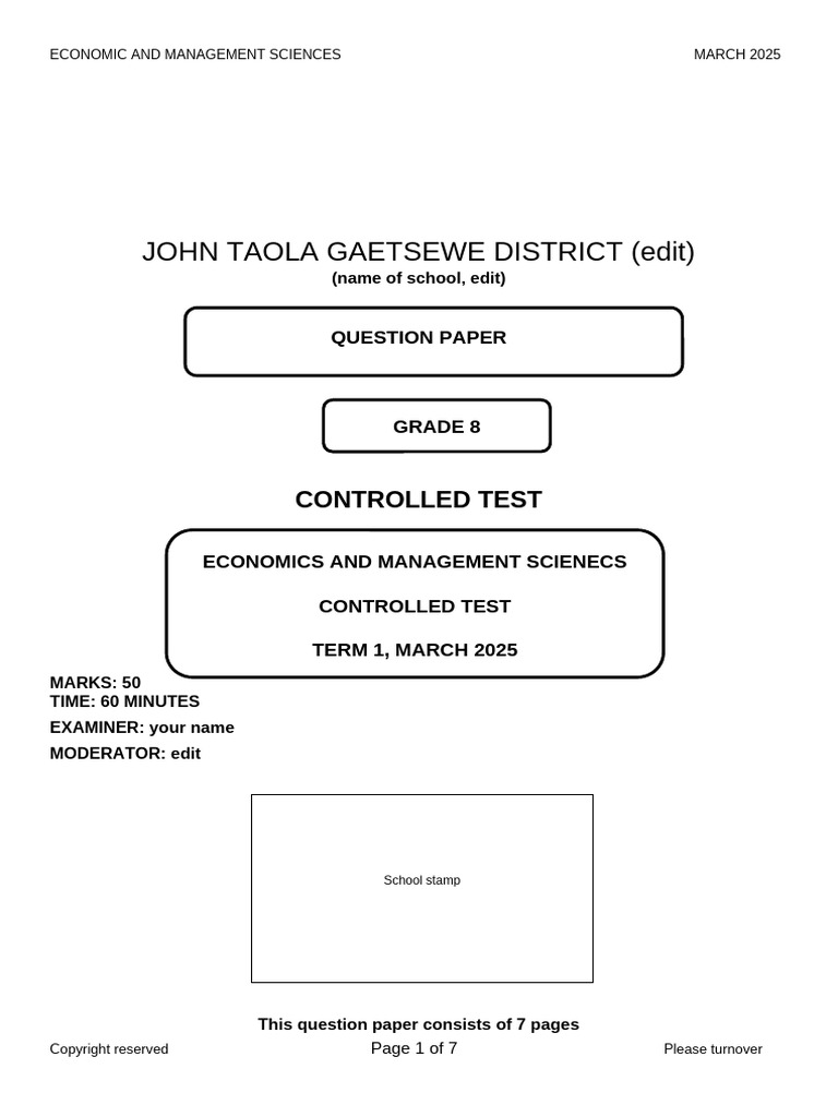 Ems Grade 8 Term 1 Controlled Test Question JTG 2025 | PDF | Banks ...