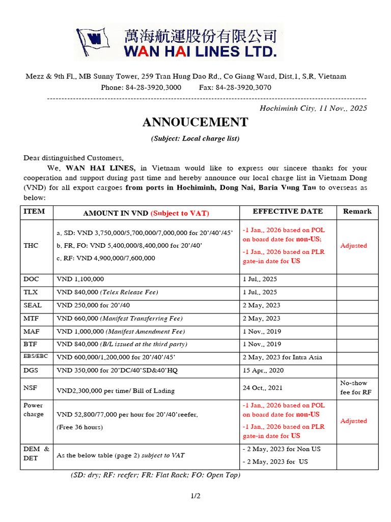 Outbound Local Charge List Wef 1 Jan 2026 | PDF | International Finance ...