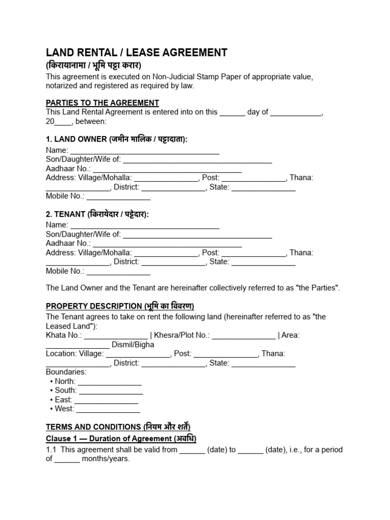 Land Rental Agreement Template | PDF | Lease | Common Law