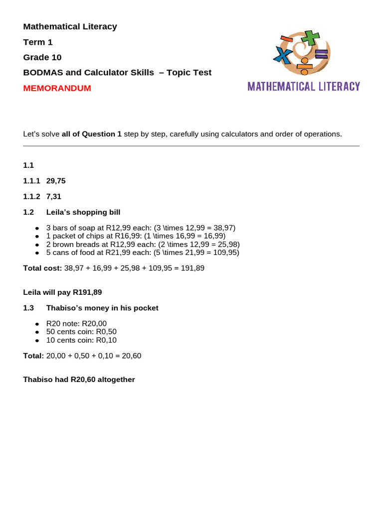 Topic Test - BODMAS and Calculator Skills (Memo) | PDF