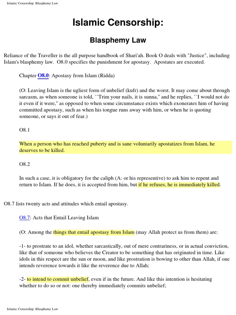 Islamic Censorship Blasphemy Law Blasphemy Sharia