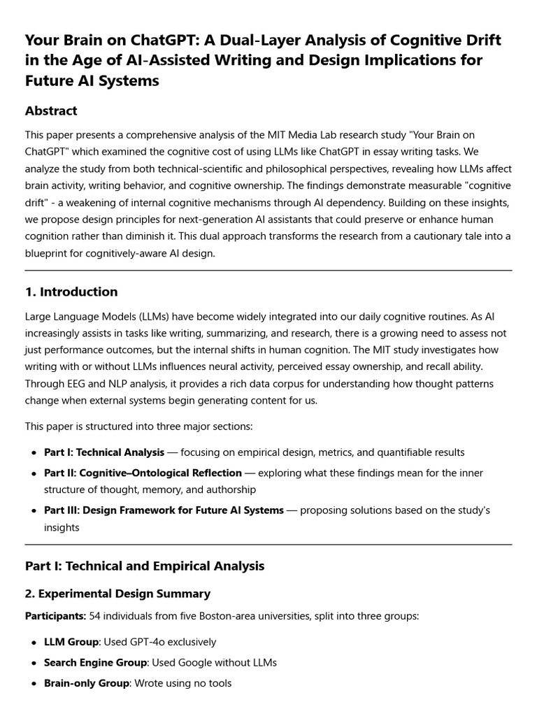 Your Brain On ChatGPT A Dual Layer Analysis of Cognitive Drift in The ...
